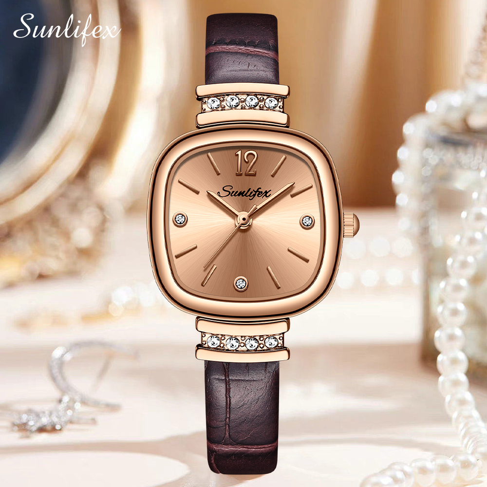	 Sunlifex Jam Tangan Wanita Original Berlian Gaya Antik Elegant Tali Kulit Jam Tangan Cewek 8001 	