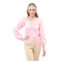 Hamlin Cheva Blouse Casual Wanita Sabrina Kerut Dada Lengan Panjang Material Satin ORIGINAL - Pink