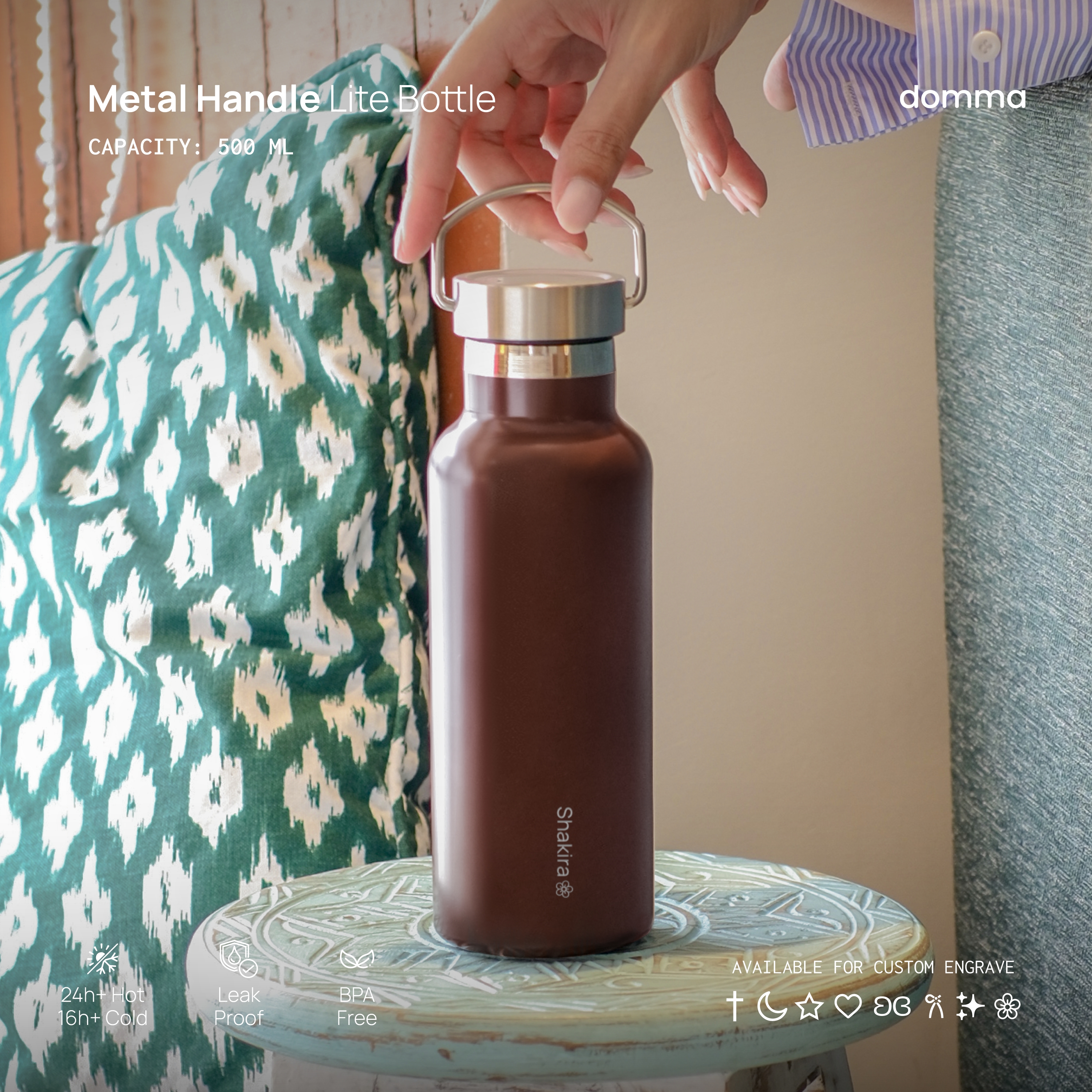 [Domma] Custom Engrave - 500 ml Metal Handle Lid Insulated Reusable Tumbler hadiah Water Bottle - Doub…
