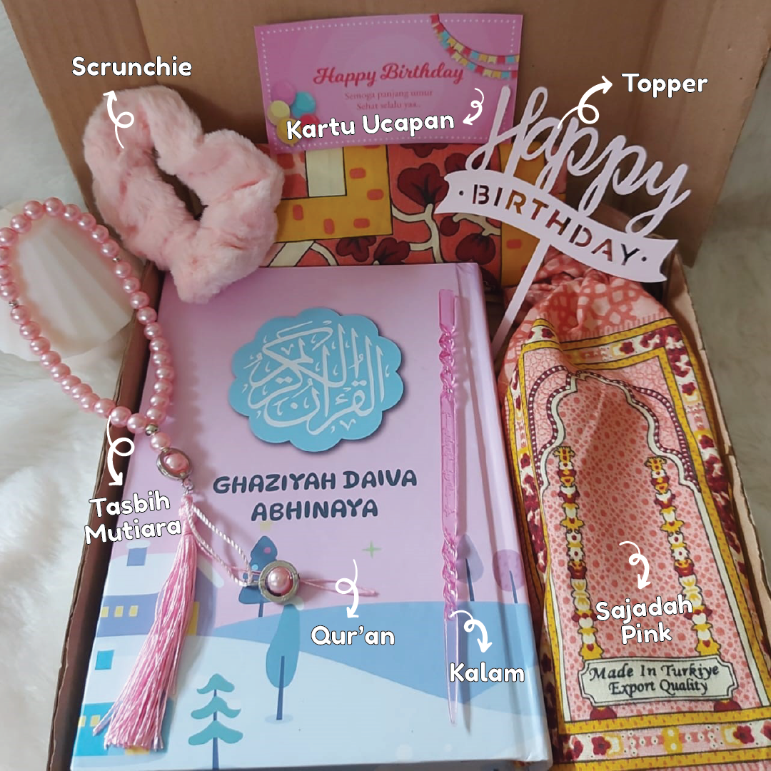 Hampers Al-Quran A5 7in1 Pink Custom Nama Sajadah Hijab Tasbih Kado Cewek hadiah box Muslimah Quran