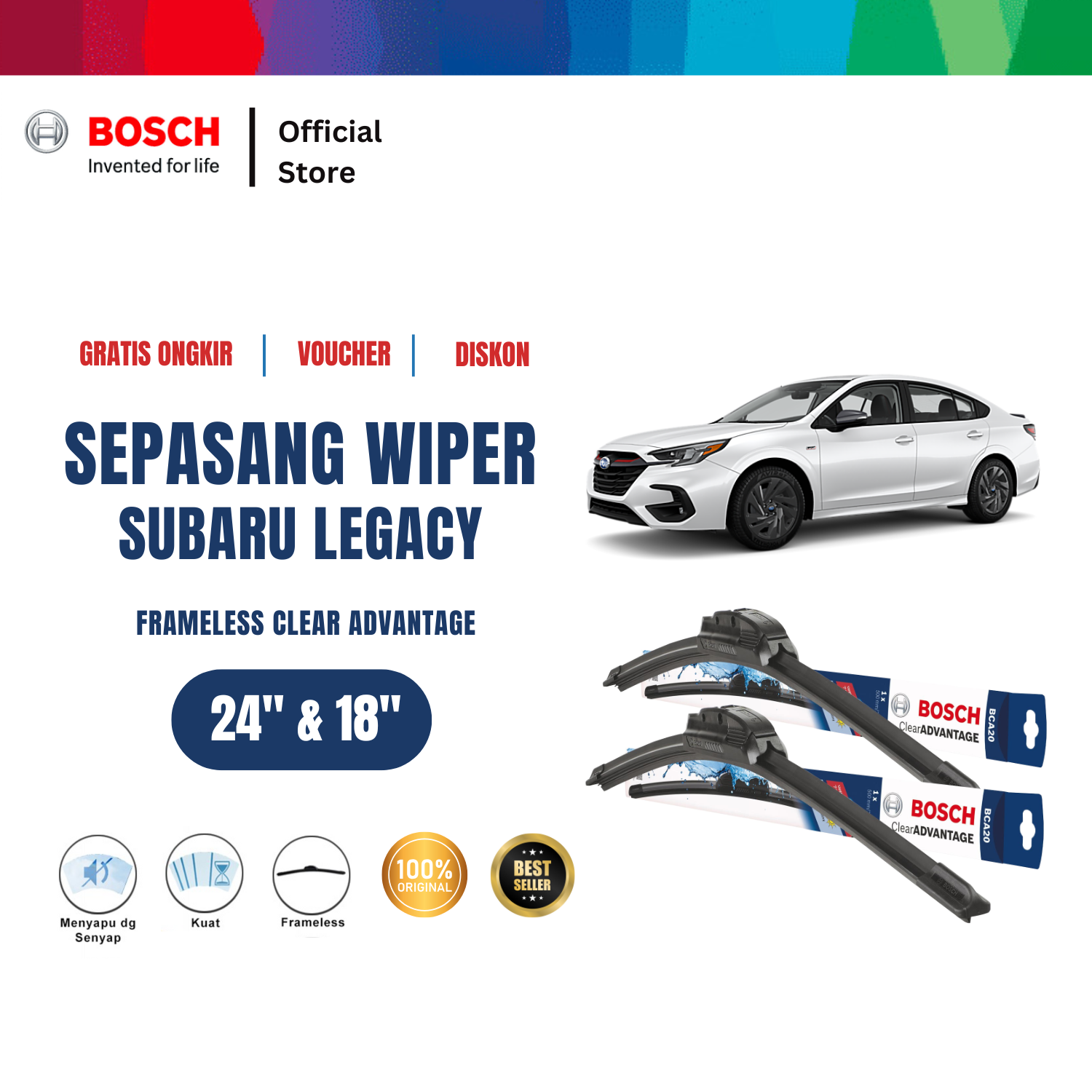 Bosch Sepasang Wiper Mobil Subaru Legacy 2003-2006 Frameless New Clear Advantage Size 24 dan 18 Inci Harga 211,310 rupiah*Gratis Ongkir