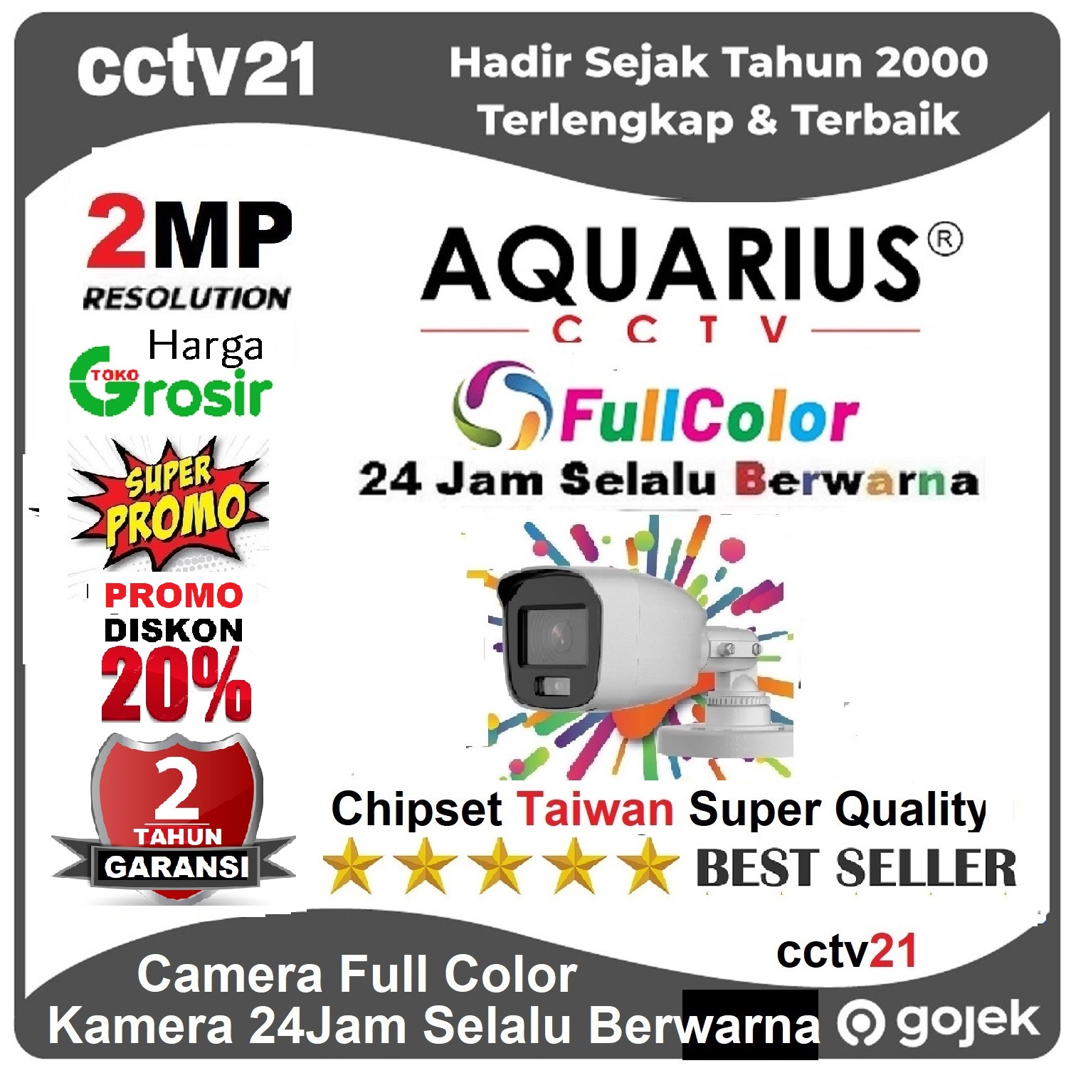Camera - CCTV - ColorVu Outdoor Real 2MP AQUARIUS 24 Jam Selalu Full Color Harga Promo Diskon 40% cctv21 Harga 130,000 rupiah*Gratis Ongkir