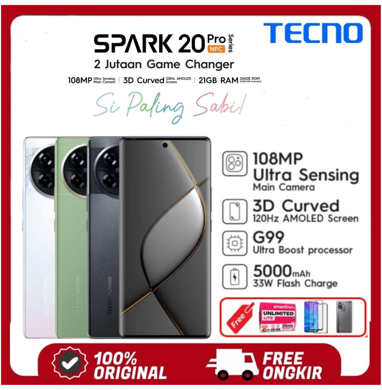 Tecno Spark 20 Pro Plus Nfc Ram 8/ Rom 256 Gb Battery Type 5000 Mah, - Warranty Harga 2,033,600 rupiah*Gratis Ongkir