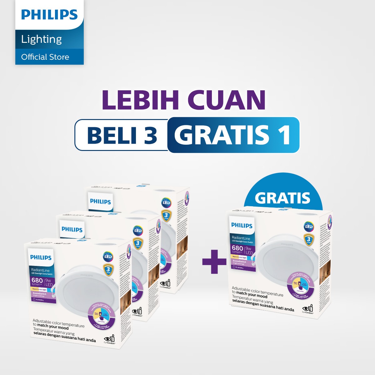 Philips Lampu Panel LED Beli 3 Gratis 1 Philips Radiantline Downlight SSW 105 9W WH recessed IDOL Harga 198,940 rupiah*Gratis Ongkir