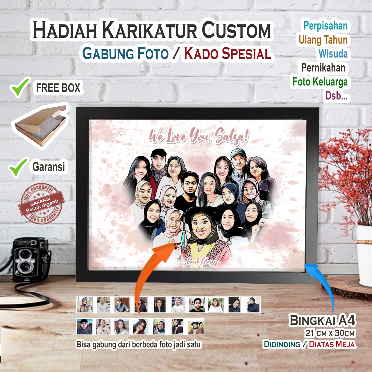 Hadiah Karikatur + Bingkai A4 - Hadiah Perpisahan, Kado pernikahan, Kado Ulang Tahun, wisuda, Hadiah W…