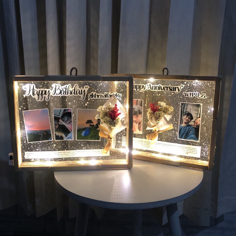 Kado Cewek - Frame kado ulang tahun aesthetic Custom ganti dengan fotomu isi 3 foto Frame plus Lampu LED