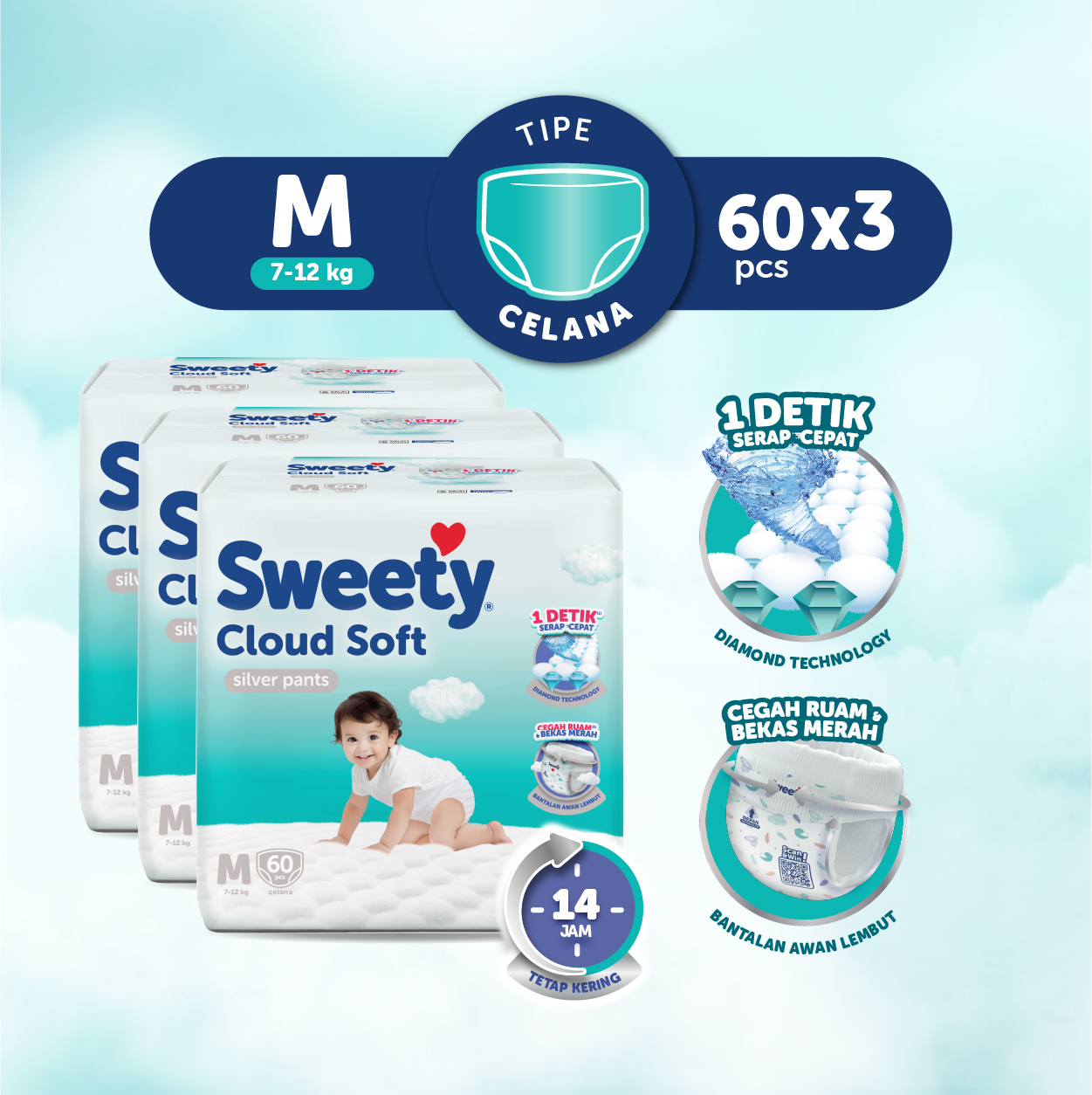 [Paket isi 3] Sweety Silver Pants Cloud Soft M60 Harga 252,600 rupiah*Gratis Ongkir