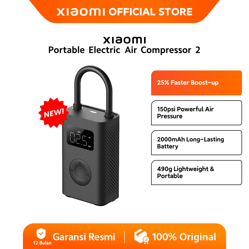 Xiaomi Portable Electric Air Compressor 2 | 25% Faster Boost-up | 150psi Power Air Pressure | 2000mAh | 490g Lightweight & Portable [Official Store] Harga 569,000 rupiah*Gratis Ongkir