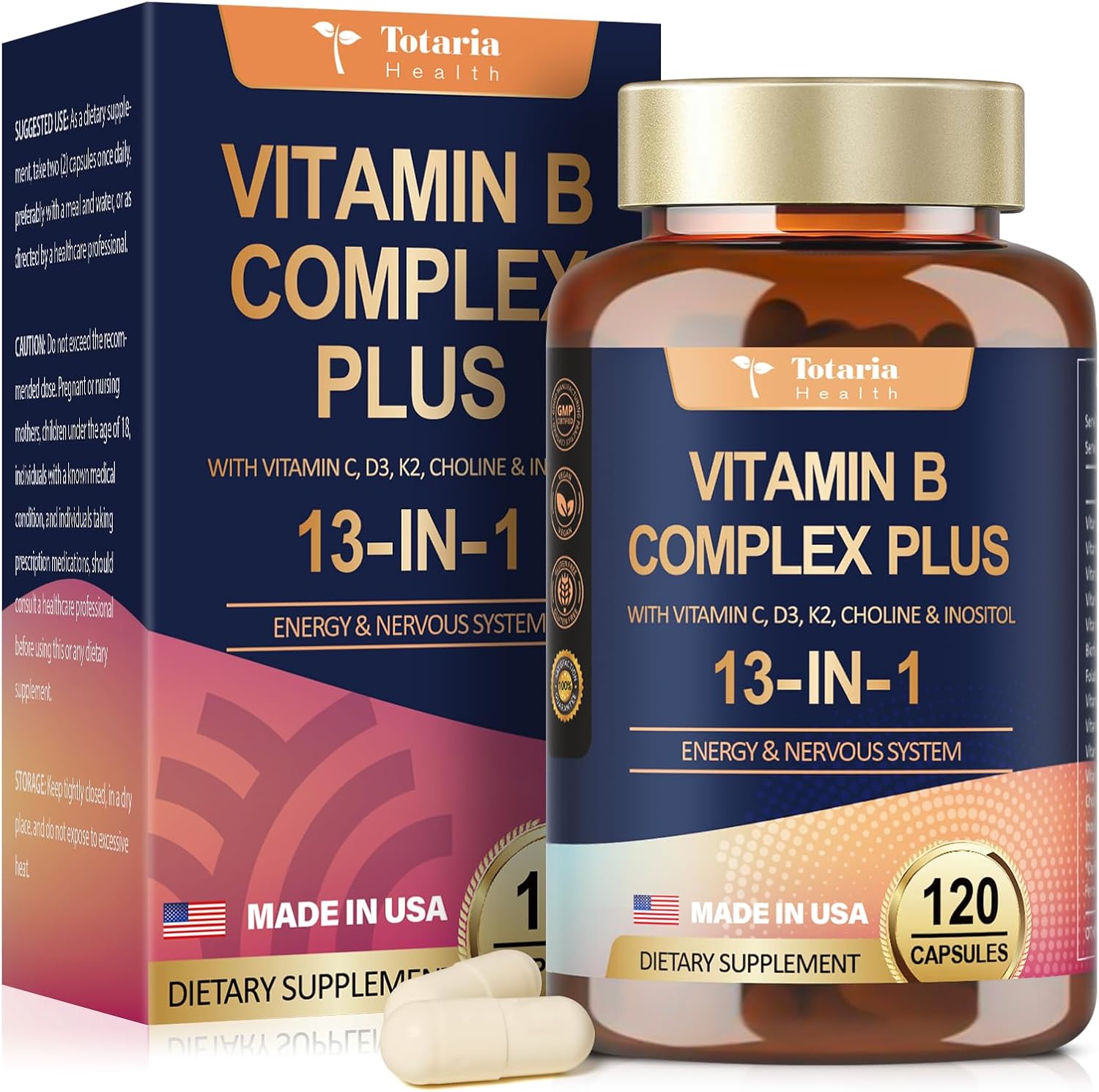 Totaria Vitamin B Complex Supplement - Includes B1 B2 B3 B5 B6 B7 B9 B12 - with Biotin Inositol Choline Folic Acid for Heart Health Brain Skin Hair Nails Energy Memory - Merek Totaria Health Harga 169,000 rupiah*Gratis Ongkir