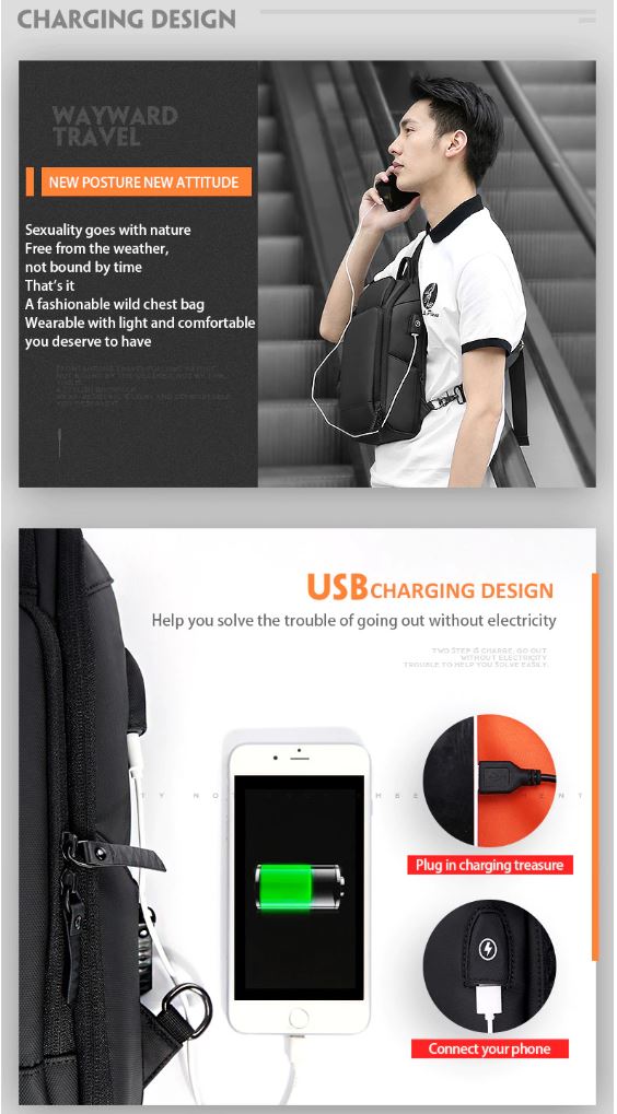 ROWE Tas Selempang Fashion Sling Bag Pria with USB Slot and Lock - RE880 -  Black