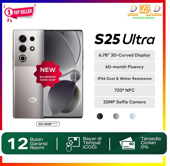 Itel S25 Ultra Ram 8+512Gb - 6.78\" Fhd+ Amoled 3D 120Hz - 6.9mm Ultra Slim Design - Corning Gorilla Glass 7I - 32Mp Selfie Camera - Rear Camera 50Mp+2Mp Macro - Nfc - Ip64 Harga 1,824,000 rupiah*Gratis Ongkir