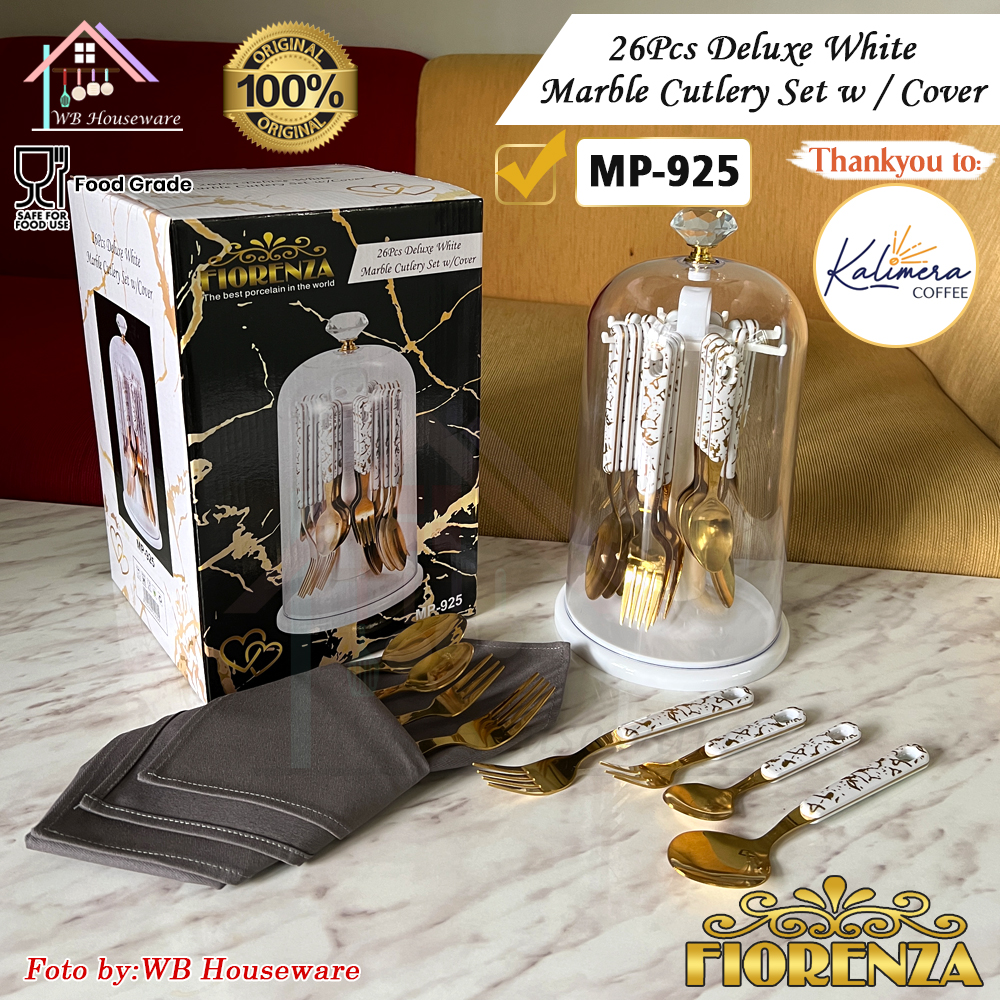 FIORENZA perlengkapan makan sendok garpu set stainless motif White Marble / tableware set cutlery fork…