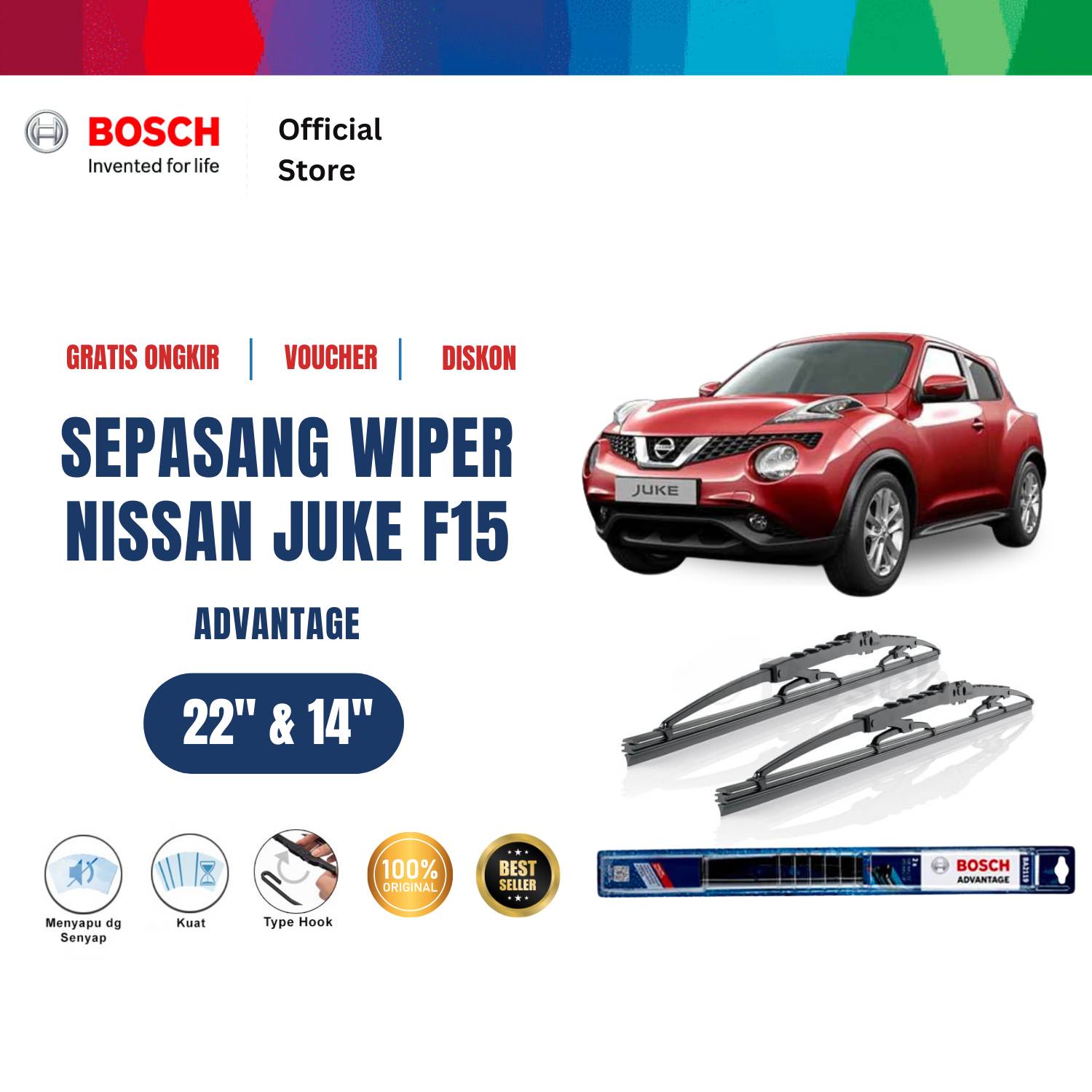 Bosch Sepasang Wiper Kaca Mobil Nissan Juke F15 Advantage 22 dan 14 inchi Harga 134,130 rupiah*Gratis Ongkir