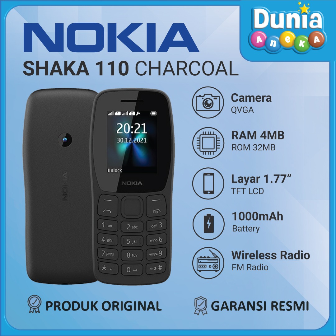 HP Nokia 110 Dual Sim Shaka RAM 4MB/ROM 32GB - Layar 1.77" - Baterai 1000mAh - Garansi Resmi Harga 348,000 rupiah*Gratis Ongkir
