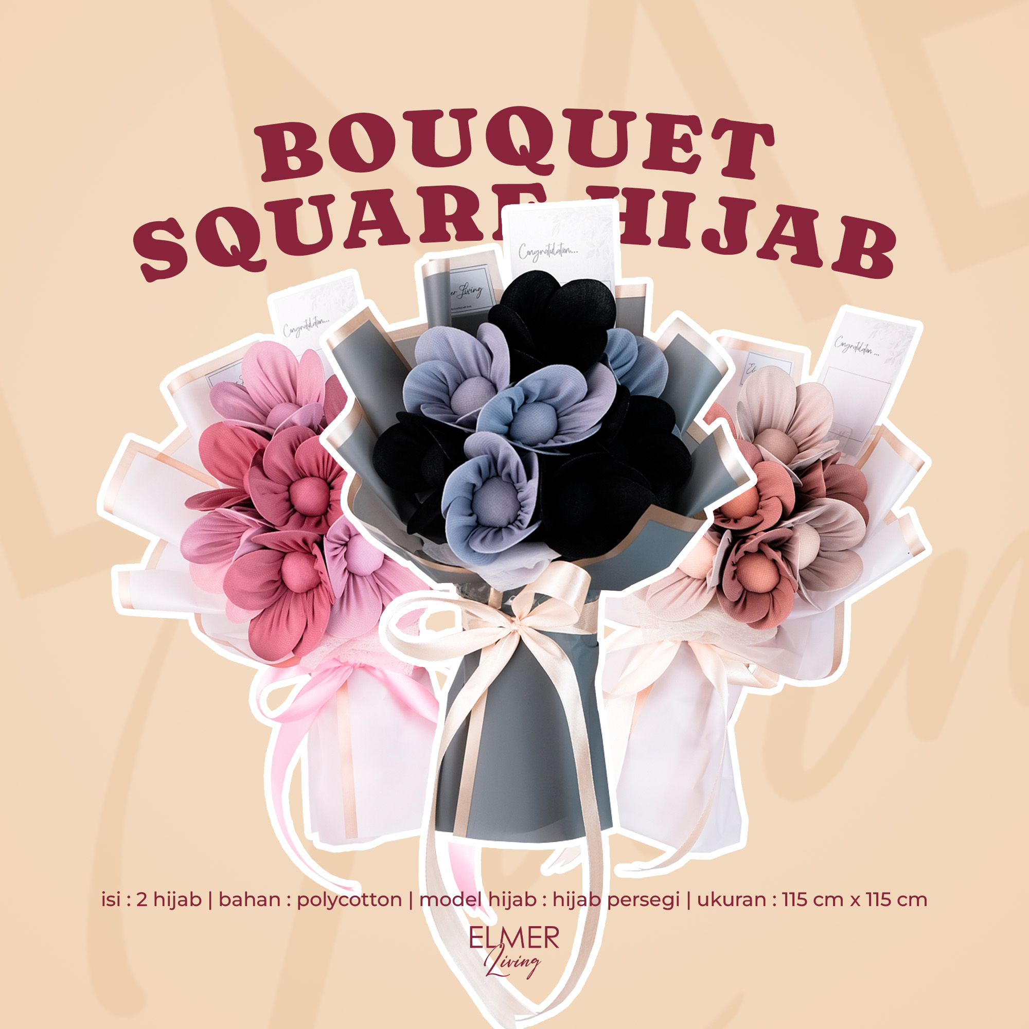 Elmer Living Buket isi 2 Hijab | Hadiah Wisuda | Kado Ulang Tahun | Bouquet isi 2 Square Hijab