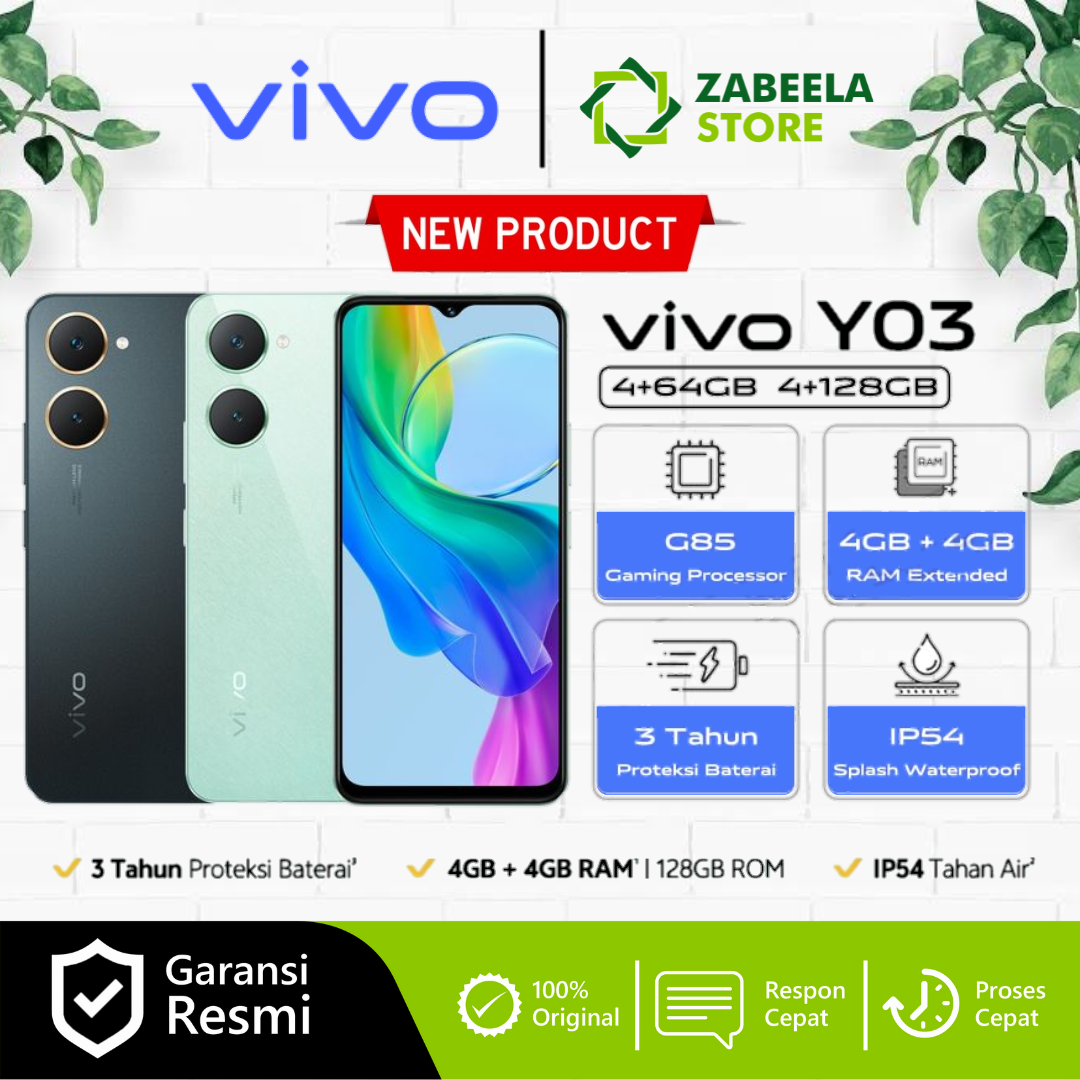 Vivo Y03 4/64GB 4/128GB Terbaru Garansi Resmi Vivo Indonesia Harga 1,489,000 rupiah*Gratis Ongkir