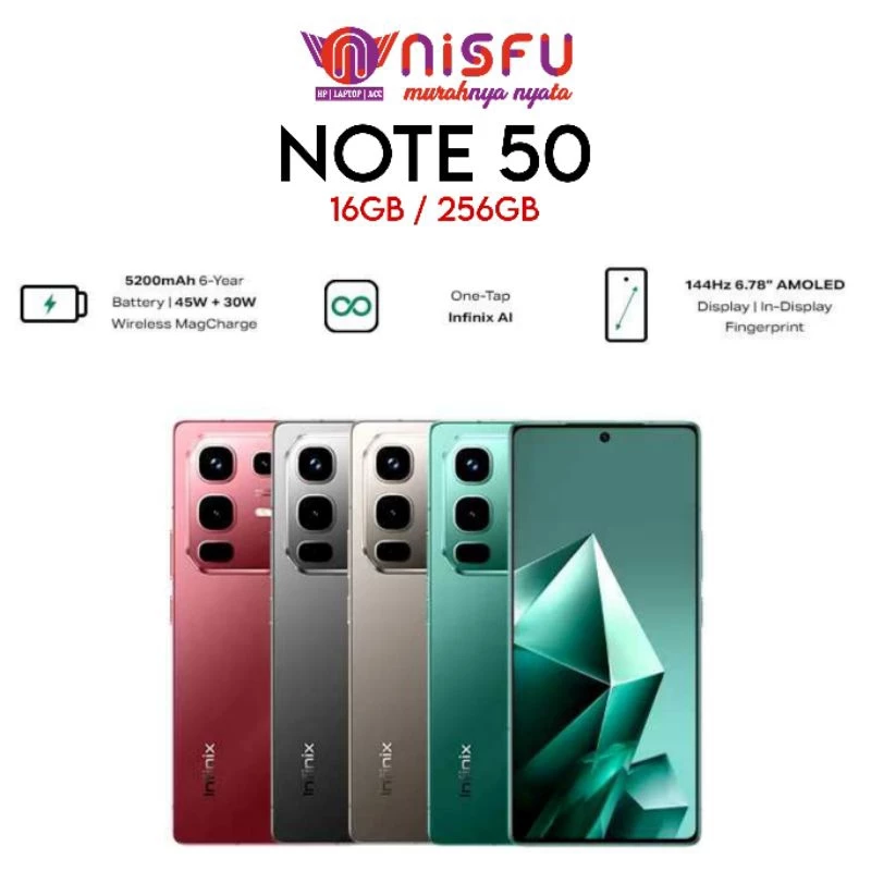 INFINIX NOTE 50 16GB* / 256GB | ONE TAB INFINIX AI | AMOLED 144HZ 6.78" | 5200MAH | 30W WIRELESS CHARGING Harga 2,799,000 rupiah*Gratis Ongkir