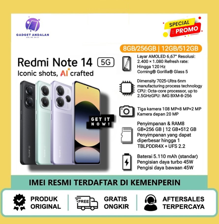 Redmi Note 14 5G 12/512GB | 108MP AI OIS Camera | MediaTek 7025-Ultra | IP64 Harga  2,800,000 Ringgit*Penghantaran Percuma