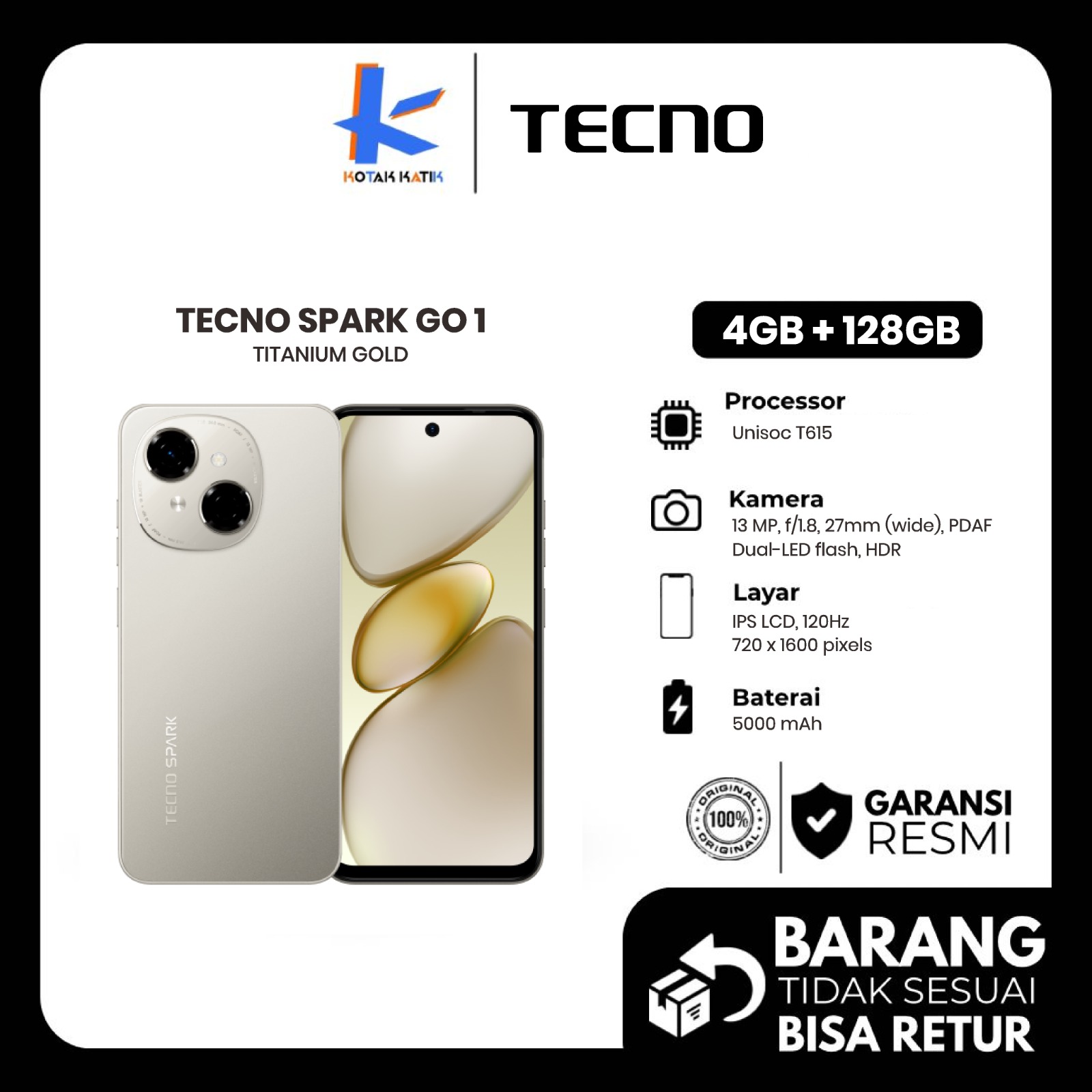 Tecno spark go 1 4/128 GB new official warranty Harga 1,145,000 rupiah*Gratis Ongkir