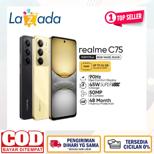 Realme C75 8GB + 16GB * | 256GB | NFC | IP66/68/69 Dust & water resistance | military grade shock resistance |-lightning gold Harga 1,736,000 rupiah*Gratis Ongkir