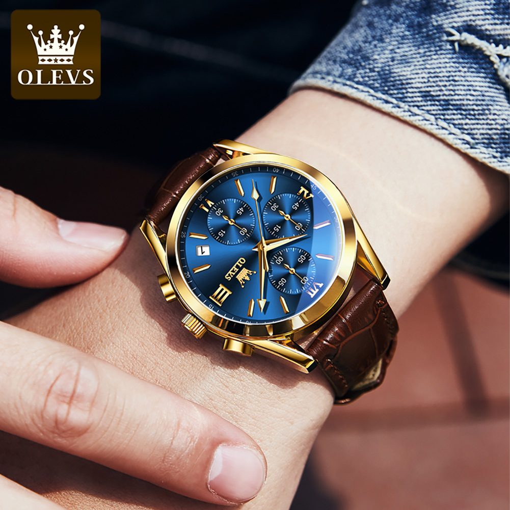 Olevs 2023 new waterproof sports men watch Orii leather sport chronograph multifunction luxury Mens Watch quartz watch Harga 245,000 rupiah*Gratis Ongkir