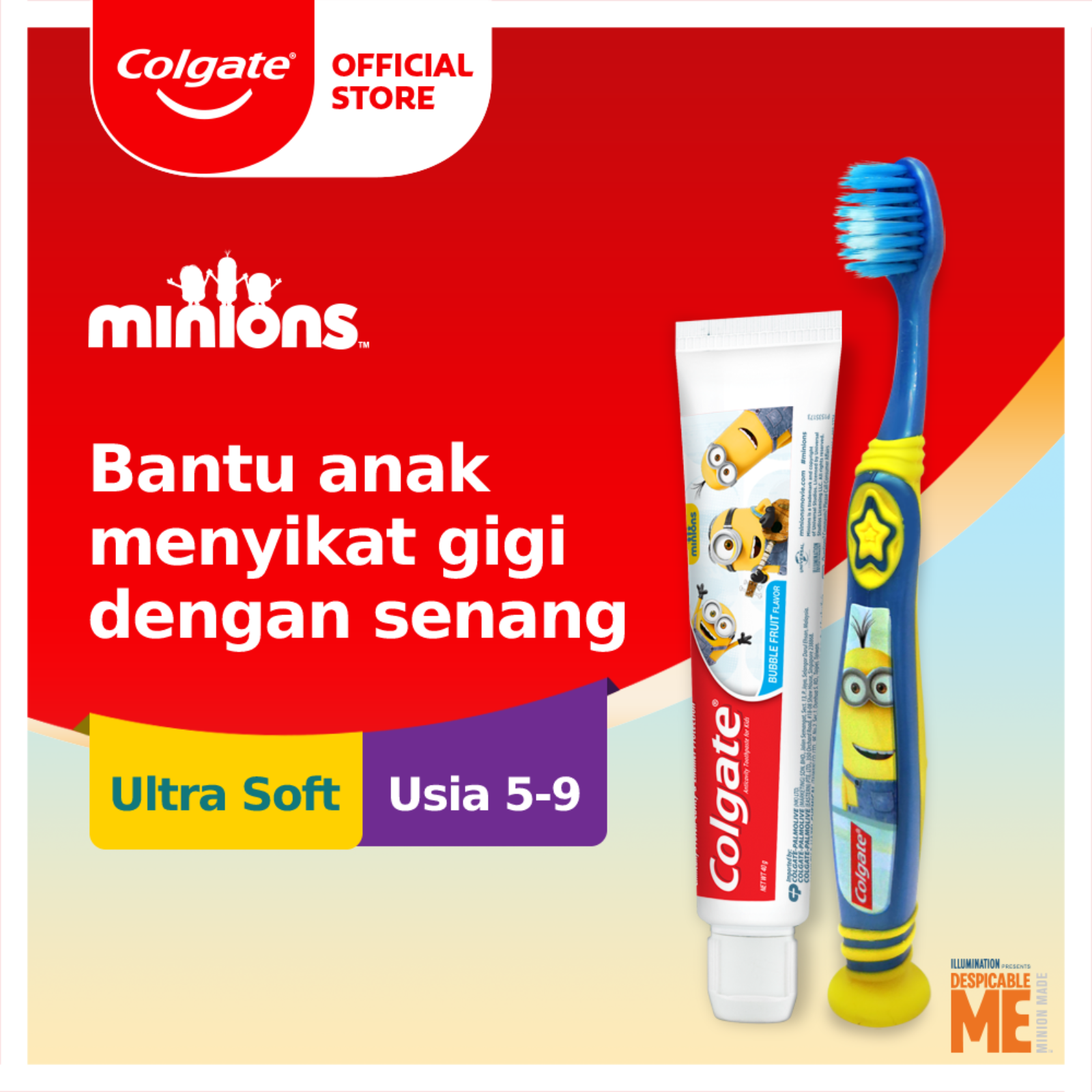 Colgate Kids Minions Toothpaste/Pasta Gigi 40 gr + Colgate Kids Minions Toothbrush/Sikat Gigi 5-9 tahun