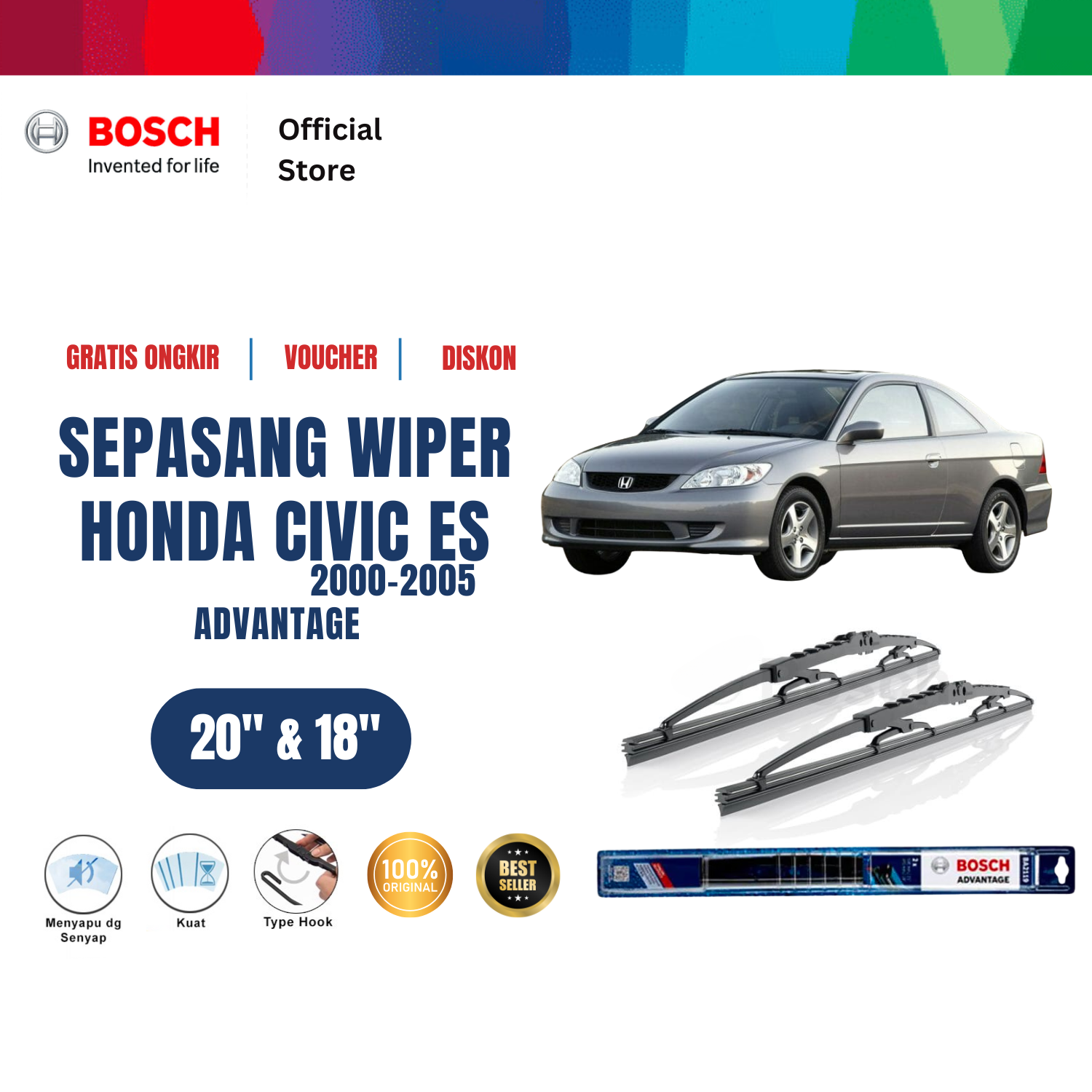 Bosch Sepasang Wiper Kaca Mobil Honda Civic ES 2000-2005 Advantage 20 dan 18 inchi Harga  121,380 Ringgit*Penghantaran Percuma