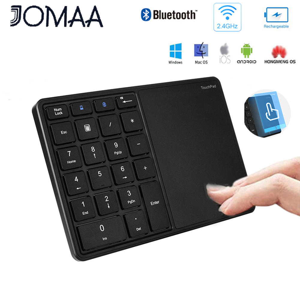 Jomaa 2.4G + Bàn phím Bluetooth Bàn phím số có thể sạc lại 22 phím không dây kỹ thuật số số bàn phím kèm bàn di chuột cho Windows IOS Mac iPad Harmony OS
