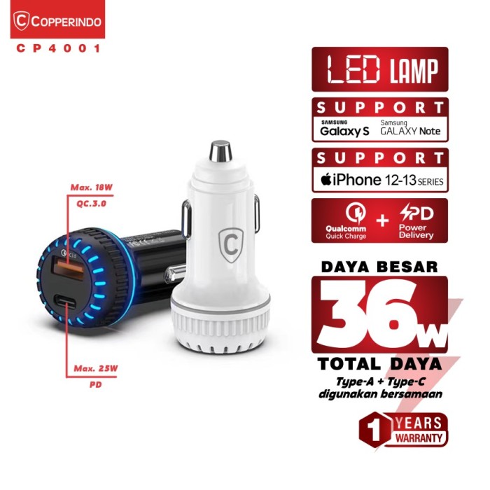 Car Charger CP4001 - 36W PD+Qualcomm ( Brand: COPPERINDO ) Harga 62,900 rupiah*Gratis Ongkir