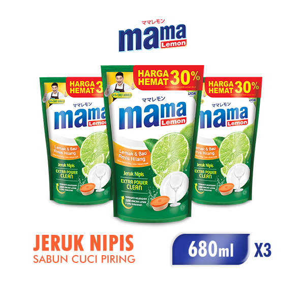 [Paket Isi 3] MAMA LEMON SABUN CUCI PIRING JERUK NIPIS POUCH 680ML Harga 22,200 rupiah*Gratis Ongkir