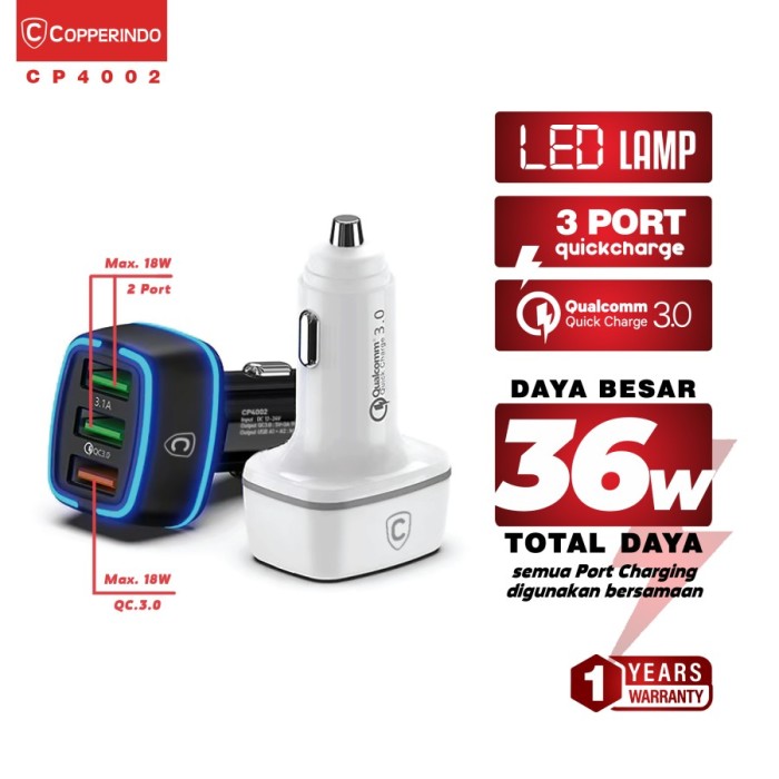 Car Charger Qualcomm 3.0 CP4002 - 36W (3 PORT ) ( Brand: COPPERINDO ) Harga 62,900 rupiah*Gratis Ongkir