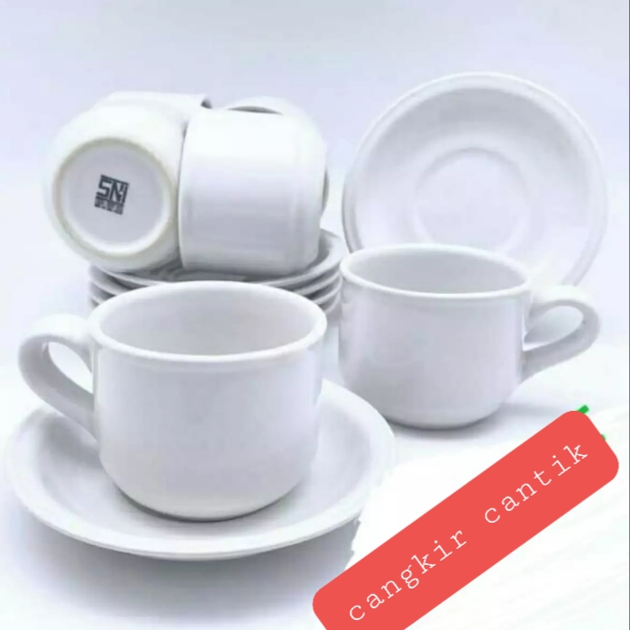 Plain Motif Ceramic Cup Set (6 Glasses and 6 Small Coasters) / Coffee Tea Glasses Random Color