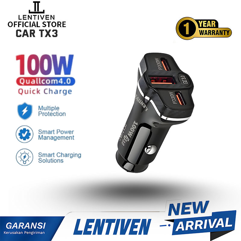 LENTIVEN Car Charger Colokan Mobil 4 Ports PD 120W USB Type C & Lightning Fast Charging Qualcomm 3.0 CAR TX3 Harga 69,000 rupiah*Gratis Ongkir