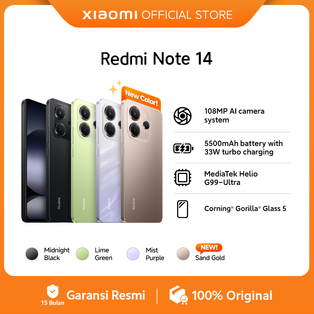 Xiaomi Redmi Note 14 | 108 Mp Ai Camera System | 5500Mah 33W Turbo Charging | Mediatek Helio G99 Ultra | Corning Gorilla Glass 5 [Official Store] Harga 2,398,000 rupiah*Gratis Ongkir