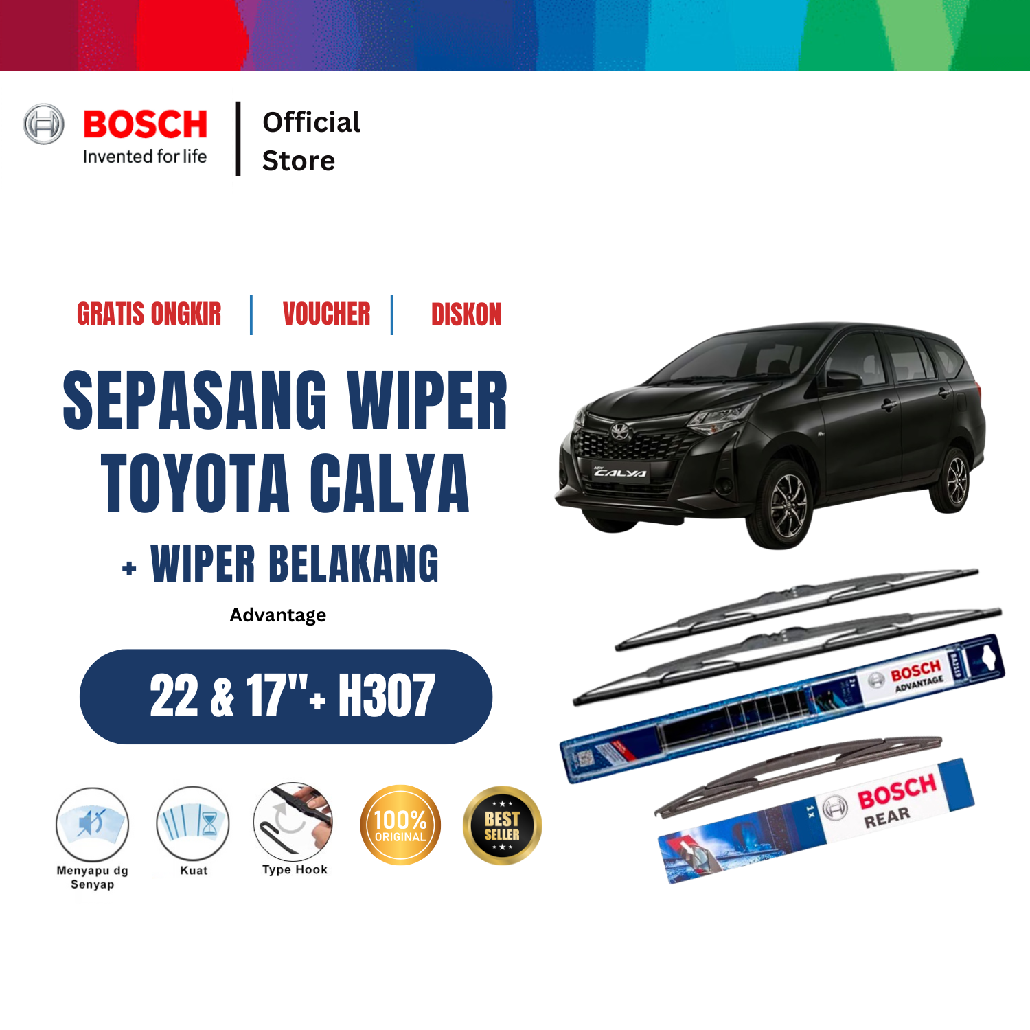 Bosch Wiper Depan dan Belakang Mobil Toyota Calya Advantage 22 dan 17 inchi dan H307 Harga  230,010 Ringgit*Penghantaran Percuma