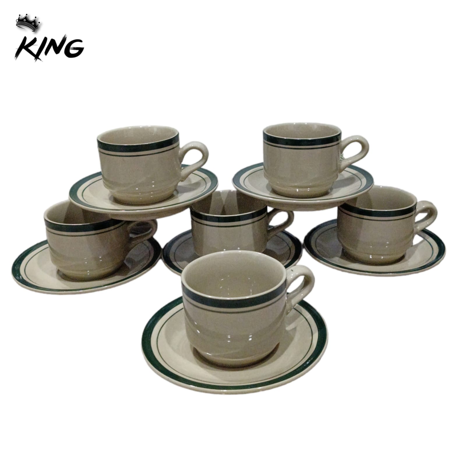 1 SET Cangkir Keramik LIS Hijau / Cangkir Kopi DAN TEH 12 PCS