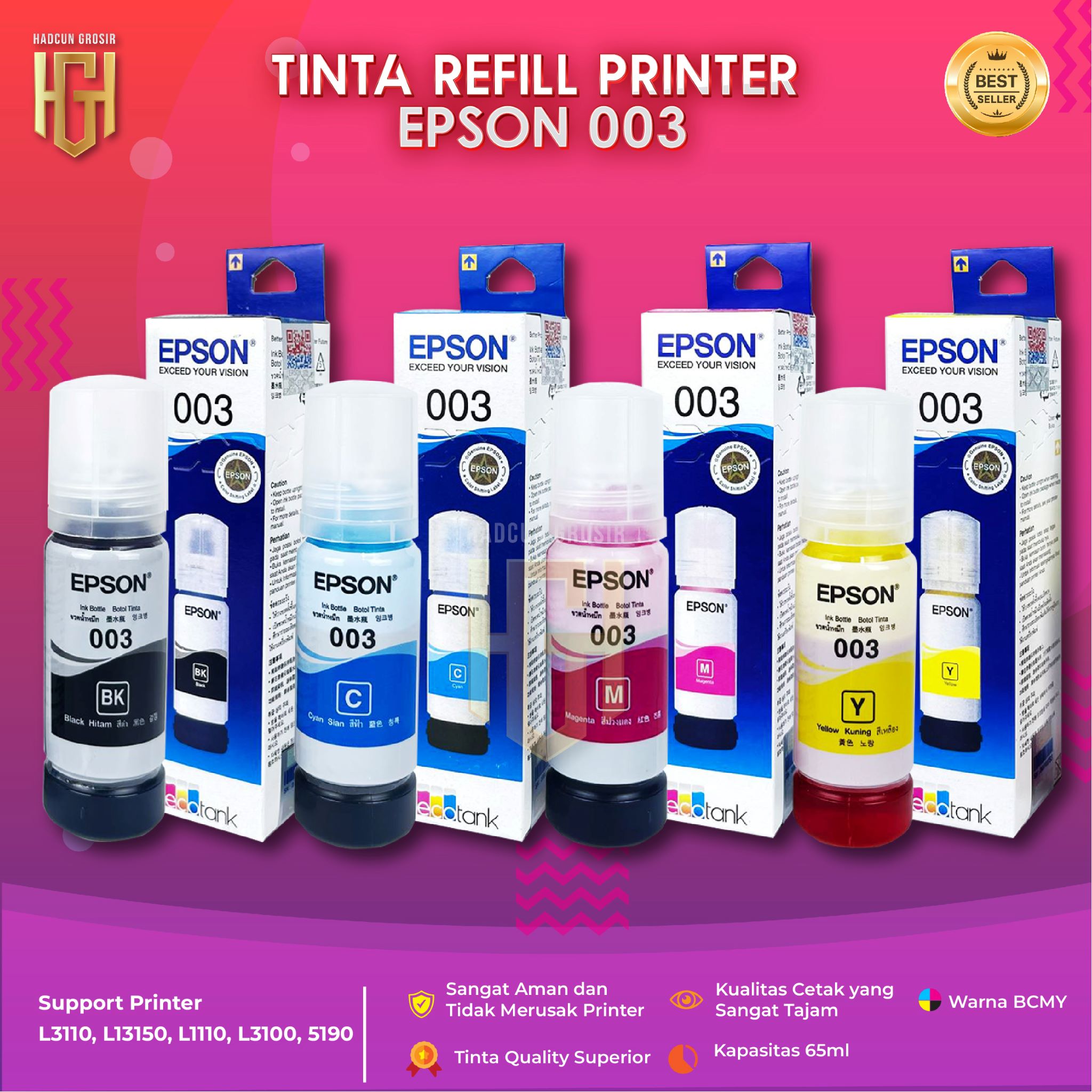 Epson 003 refill ink 70ml black cyan magenta yellow for Epson l1110 L1210 l1216 l1250 l1256 l3100 l3101 l3106 l3110 l3115 l3116 l3150 l3151 l3156 l3210 l3211 l3212 l3215 l3216 l3250 l3251 l3252 l3252 l33550 l4256 l4190 l4190 l4190 l5290 l5296 Harga 15,477 rupiah*Gratis Ongkir