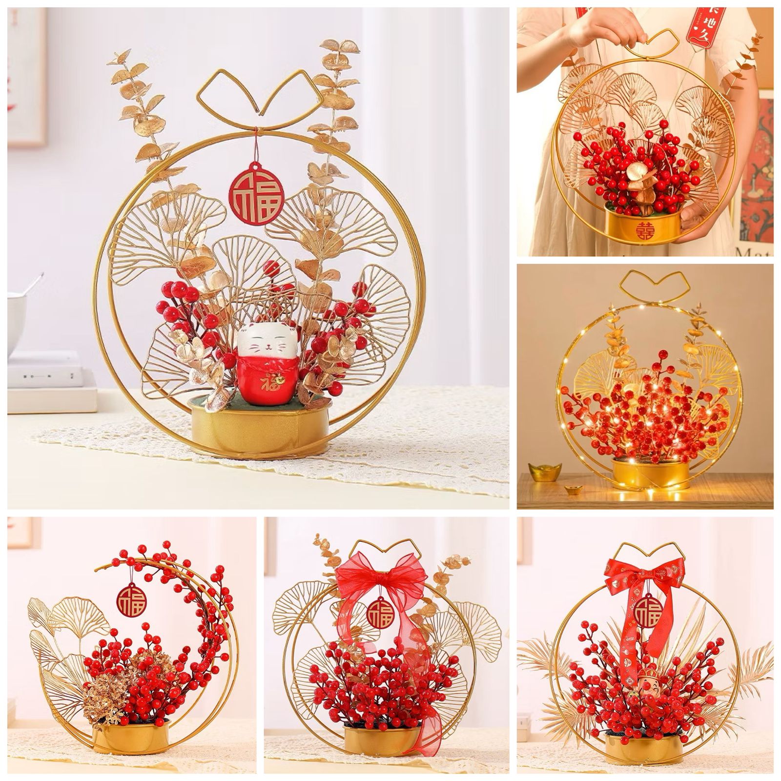 Set Hampers Vas Bunga Cherry Merah Gold Hiasan Dekorasi Rumah Imlek Sincia Ular Premium