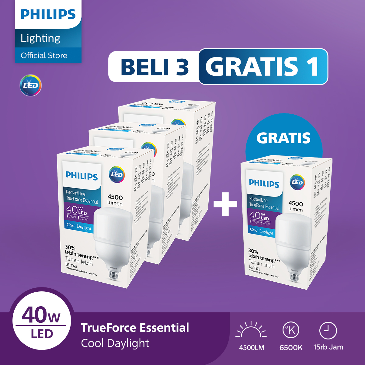 Philips Paket Lampu Lebih Cuan Beli 3 Gratis 1 LED Radiantline Trueforce 40W 6500k Putih Harga 233,240 rupiah*Gratis Ongkir