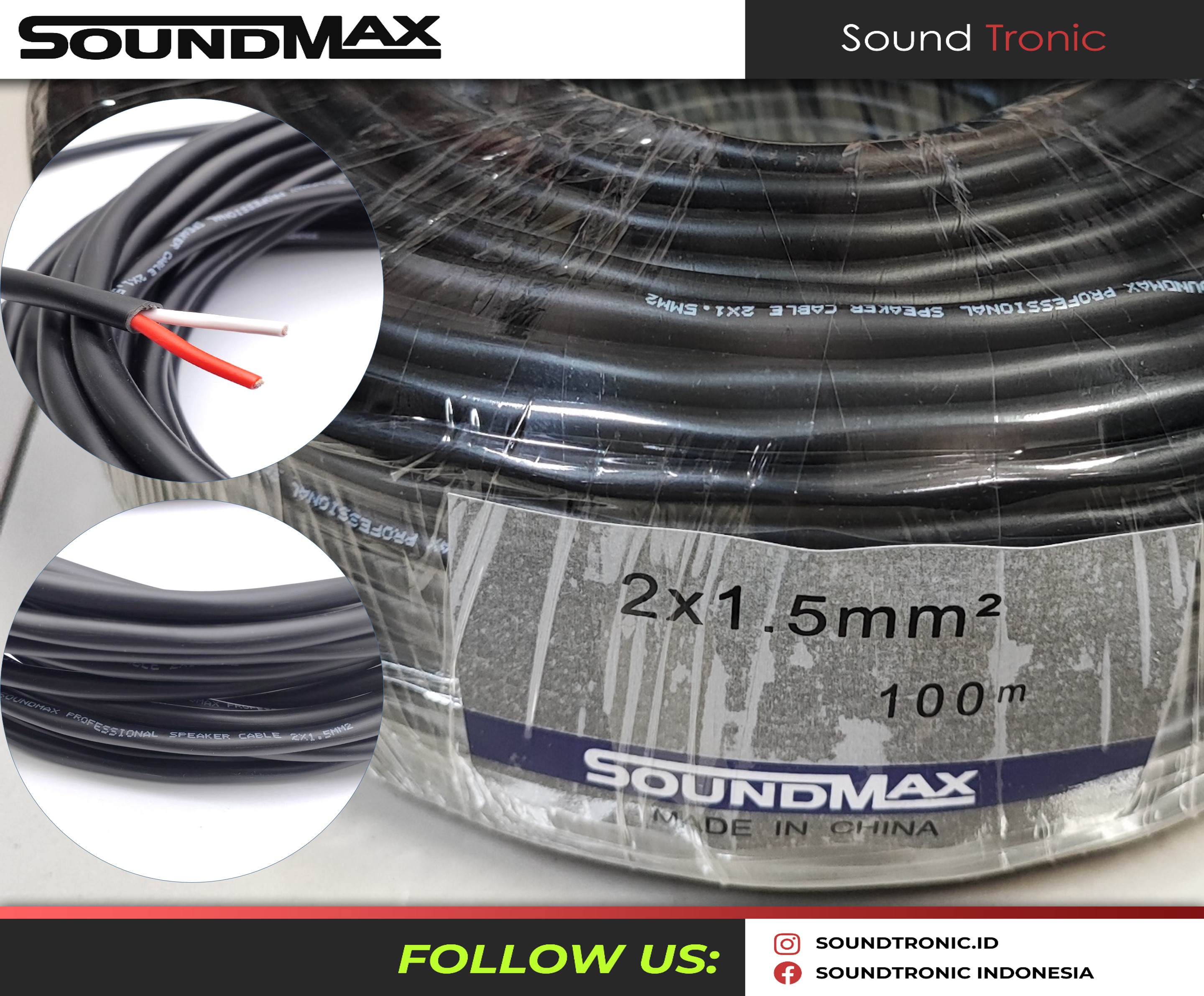 Kabel Speaker SOUNDMAX 2x1.5 1 Roll 100 Meter Harga 245,000 rupiah*Gratis Ongkir