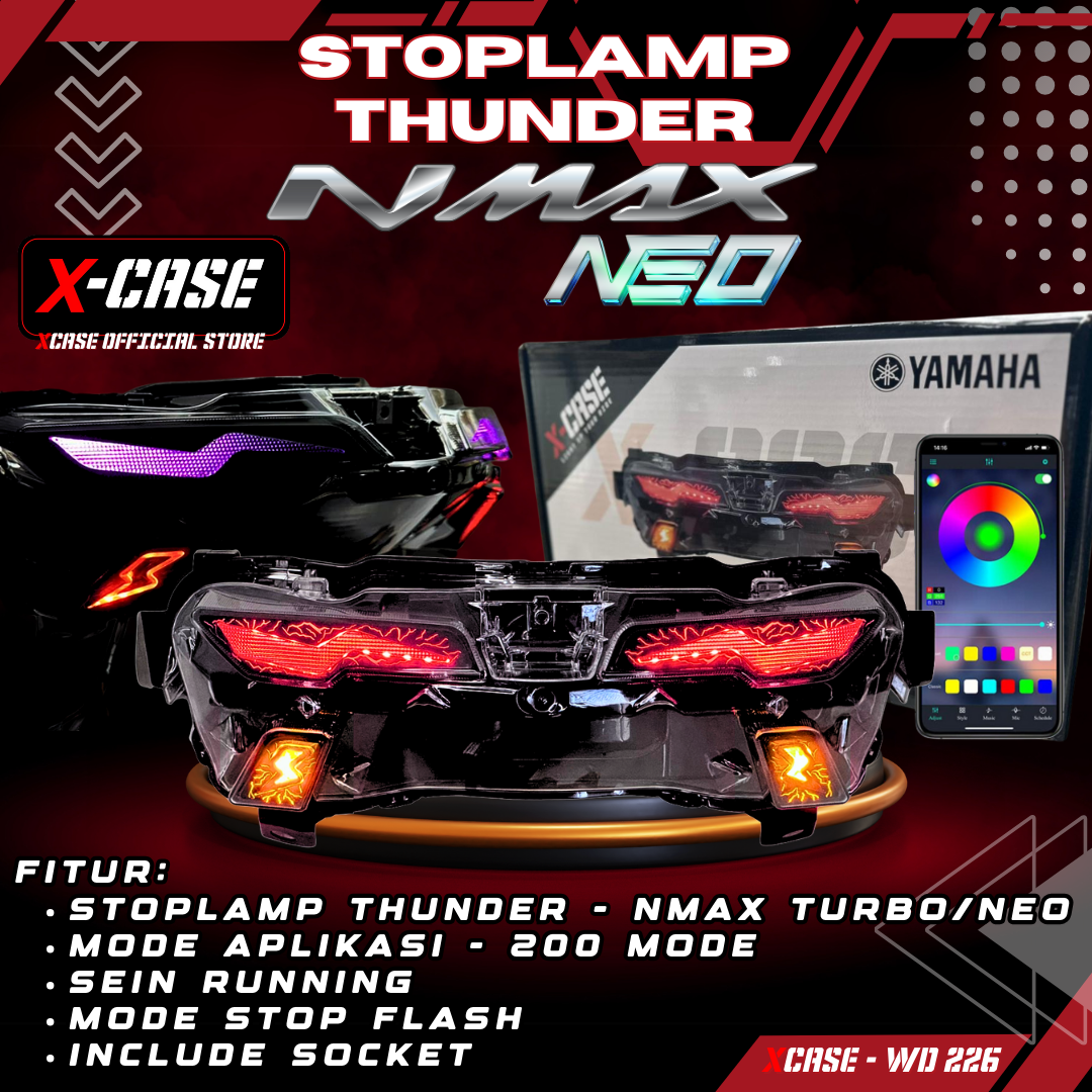 X-case stoplamp Nmax neo turbo model Thunder connected app RGB 200 Mode 3 in 1 WD 226 Harga 918,000 rupiah*Gratis Ongkir
