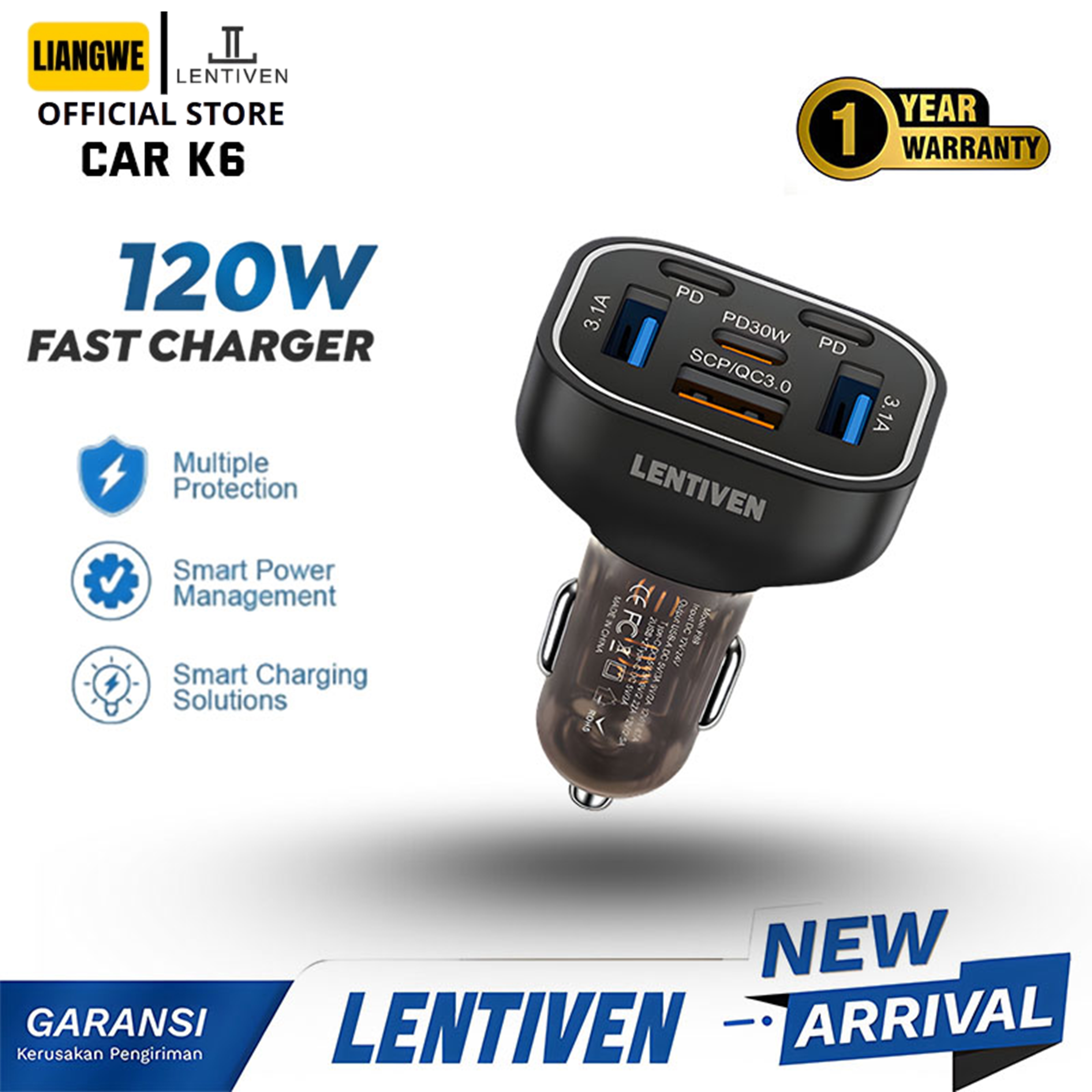 Liangwe Lentiven Car Charger Car Plug 4 Ports Pd 120W USB Type C & Lightning Fast Charging Qualcomm 3.0 Car K6 1 Year Warranty Harga 69,000 rupiah*Gratis Ongkir