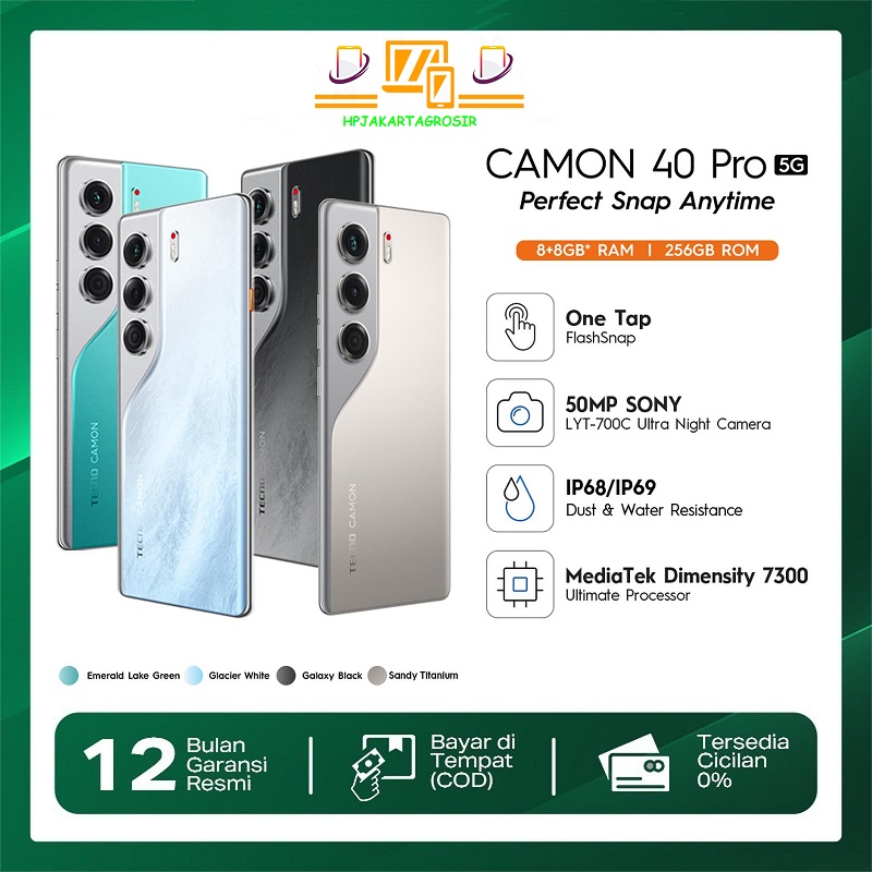 Tecno Camon 40 Pro 5g Mobile Phone - 8+8Gb*/256Gb, Mediatek D7300 Ultimate, 6.78” Fhd+144Hz 3D Curved Amoled, 50Mp Sony & 8Mp Ultra Wide Camera+50Mp Front Camera, 5200Mah, Ip68&69 - Merek TECNO Mobile Harga 3,279,650 rupiah*Gratis Ongkir