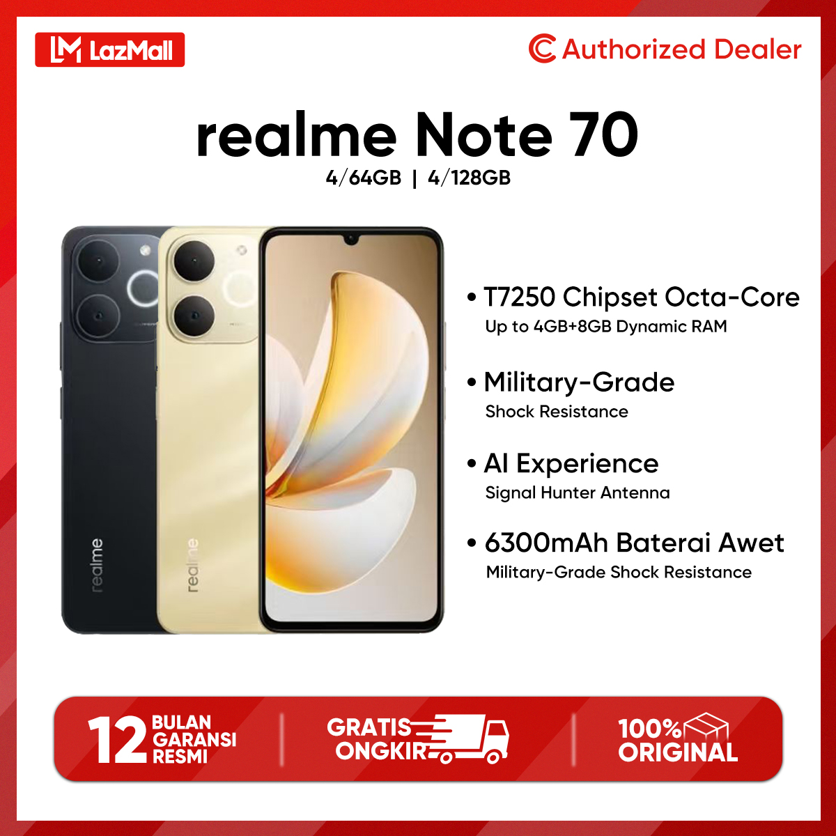 Realme Note 70 (4/64Gb)(4/128Gb) - T7250 Octa-Core Chipset 6300Mah Long Lasting Battery Official Guarantee Harga 1,499,000 rupiah*Gratis Ongkir