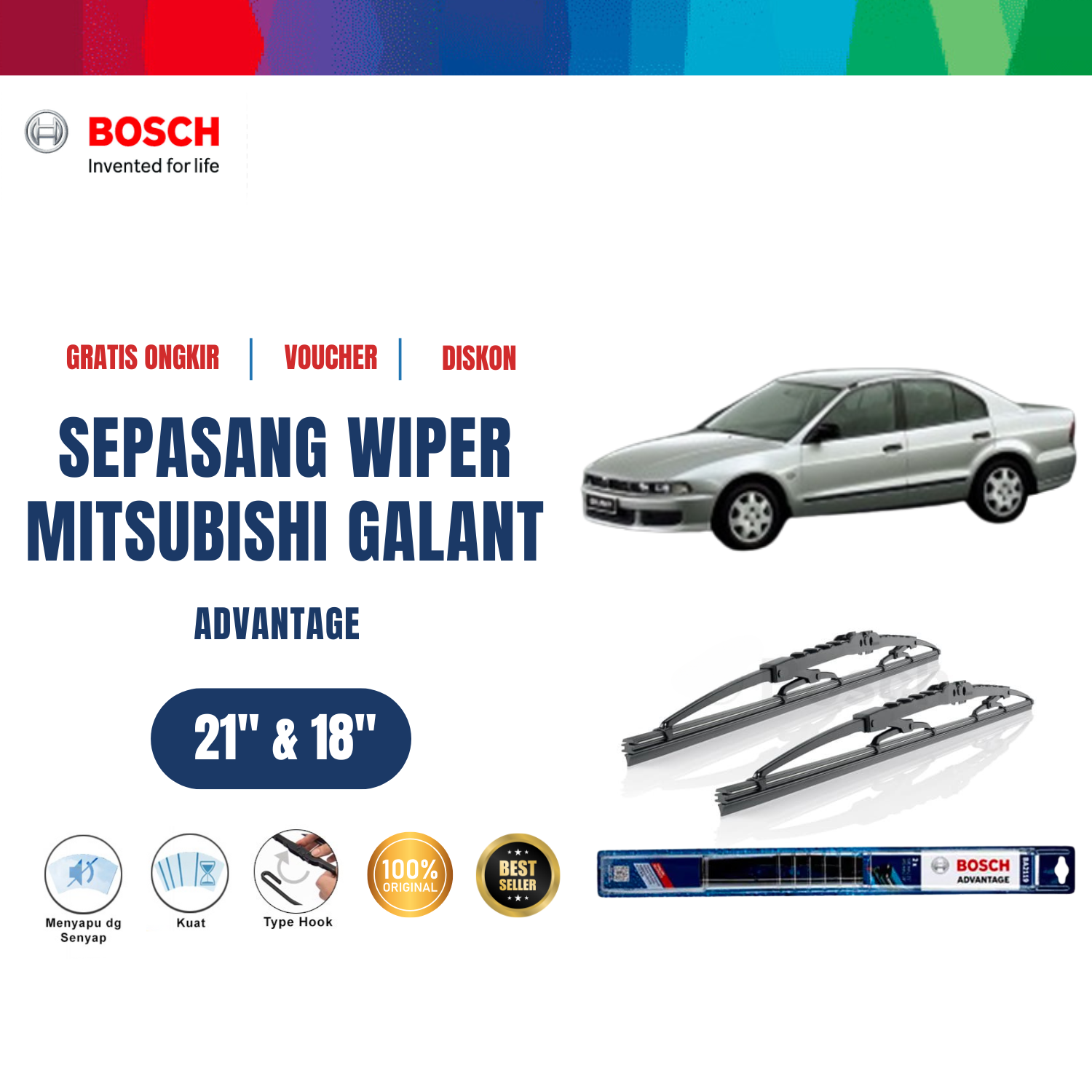 Bosch Sepasang Wiper Kaca Mobil Mitsubishi Gallant EA Advantage 21 dan 18 inchi Harga 129,200 rupiah*Gratis Ongkir
