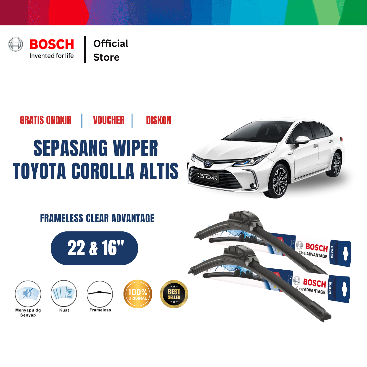 Bosch Sepasang Wiper Frameless New Clear Advantage Mobil Toyota Corolla Altis 22 dan 16 Inci - 2 Pcs Harga 197,115 rupiah*Gratis Ongkir