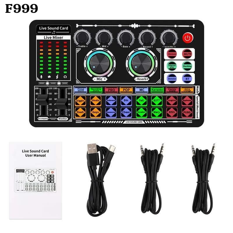 Bcb/Sound Card F999 Black + Wired Condenser Mic – Professional Streaming & Recording Harga  162,000 rupiah*Gratis Ongkir