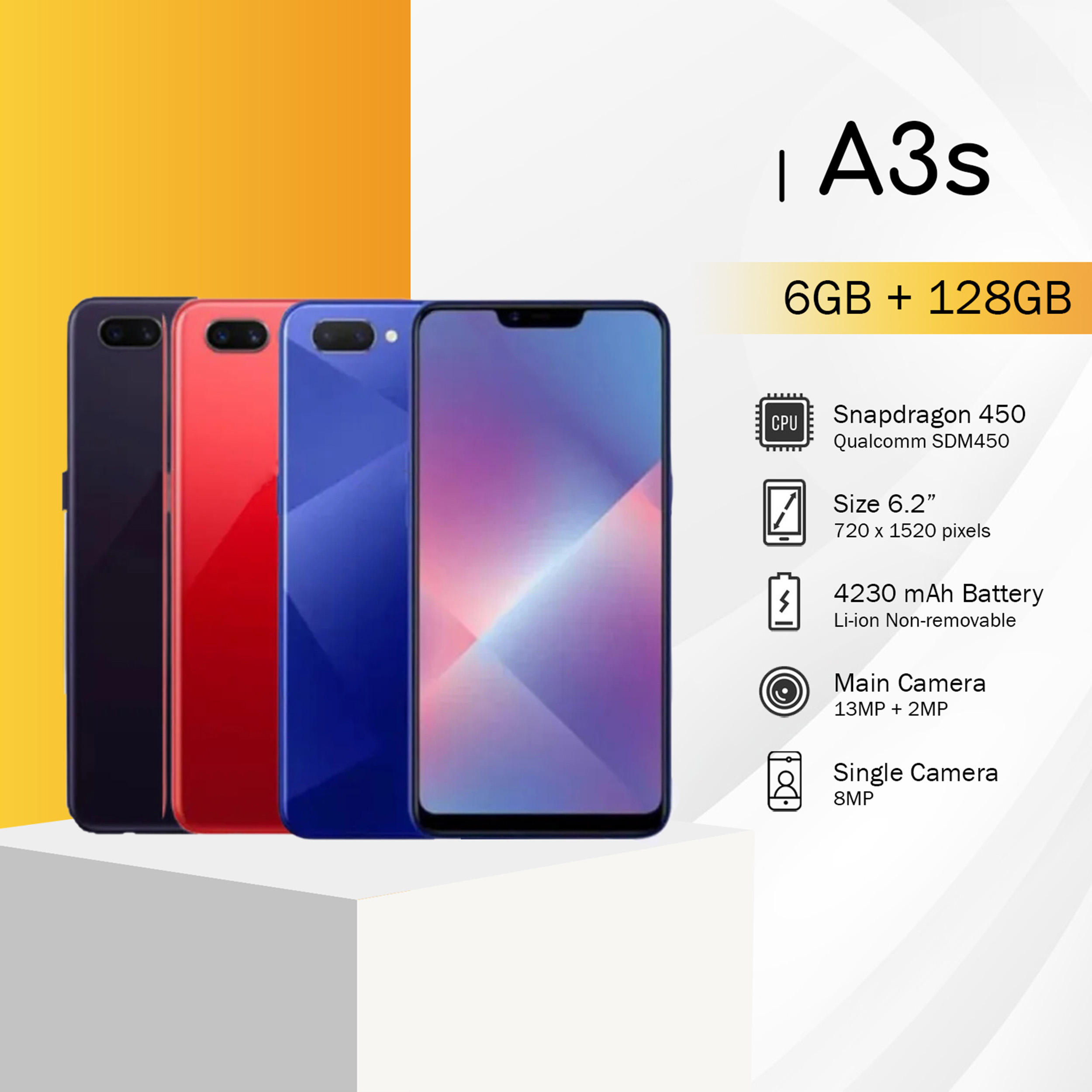 Chic version HP type A3s 6/128GB second like a new 100% guaranteed and trusted 12 months warranty is guaranteed reliable!! FLASHSALE!!! Harga 509,000 rupiah*Gratis Ongkir