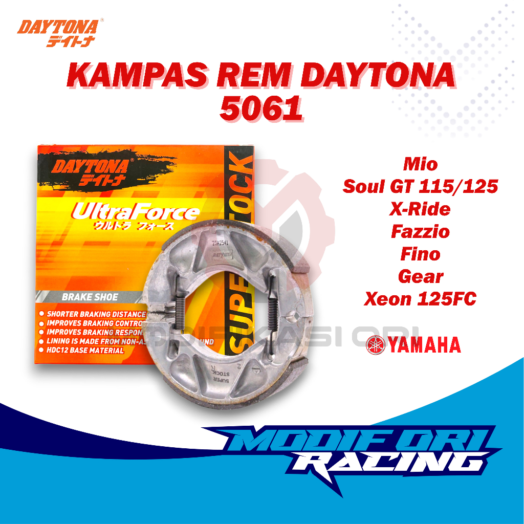 Kampas rem belakang Daytona - Brake Shoe non asbes With Spring Mio,Soul GT 115-125 X-Ride,Fazzio,Fino 5061 Harga 54,060 rupiah*Gratis Ongkir