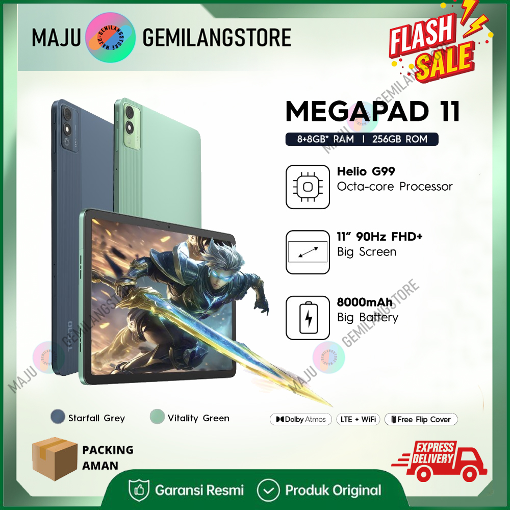 TECNO Megapad 11 WIFI + LTE (Sim Card) MediaTek MT8781(G99) layar 11” 90Hz FHD+ RAM 8GB 8000mAh battery Android 14 GARANSI RESMI Harga  2,399,000 Ringgit*Penghantaran Percuma